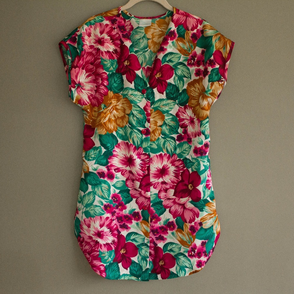 Bright Floral Print Sleep Shirt w/ Robe